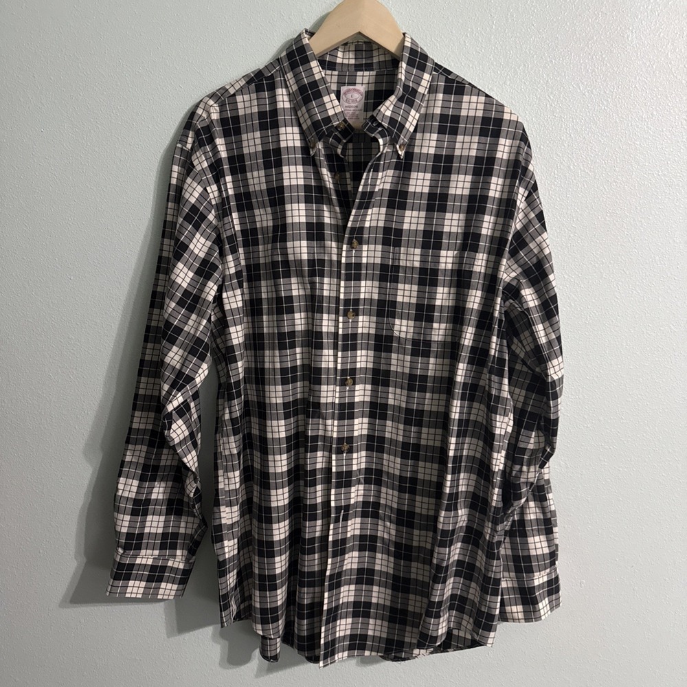 Brooks Brothers Madison Shirt L Black White Plaid Supima Cotton Button Down work